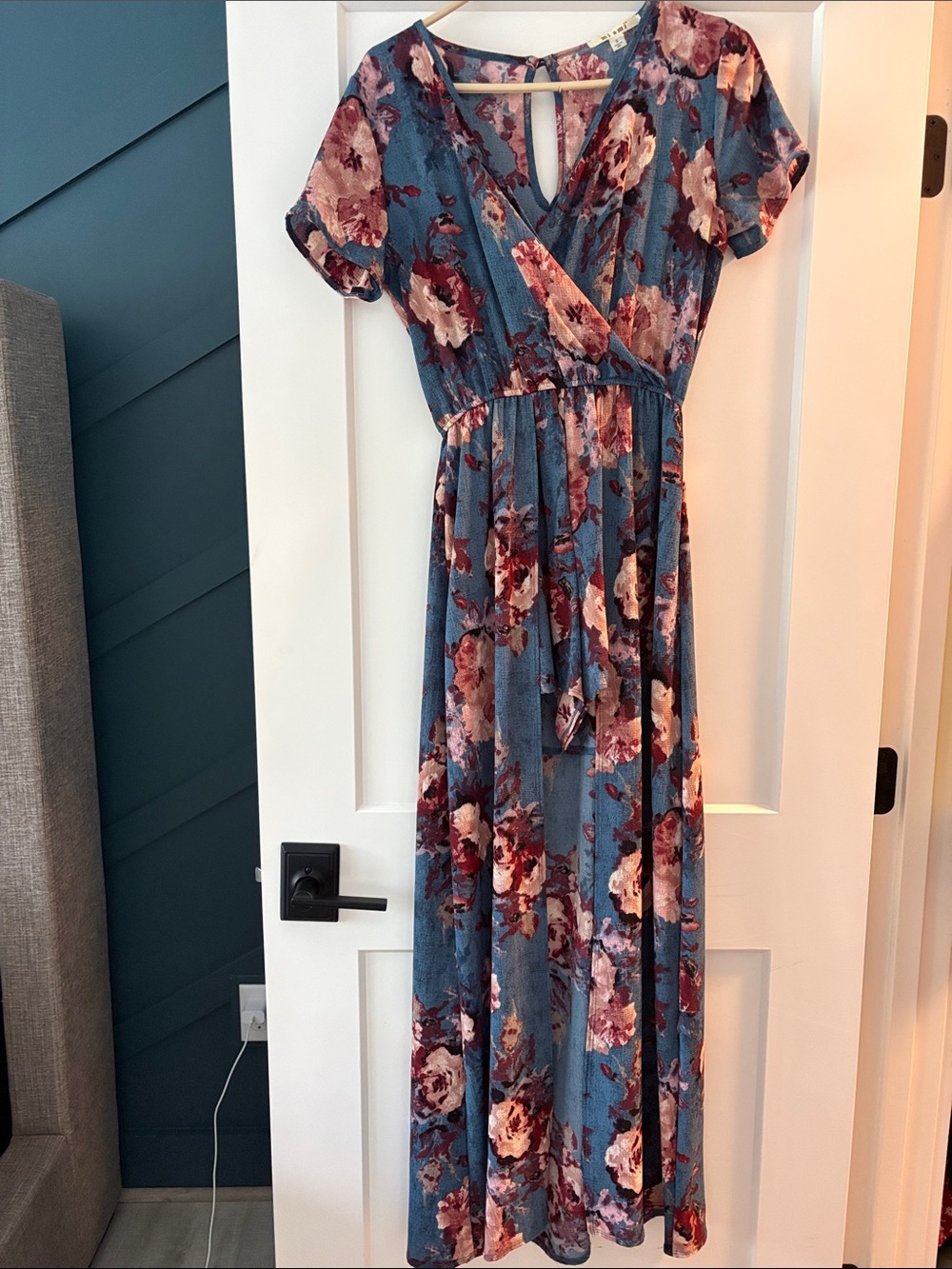 miami Blue Floral Wrap Maxi Dress with Pink Rose Print